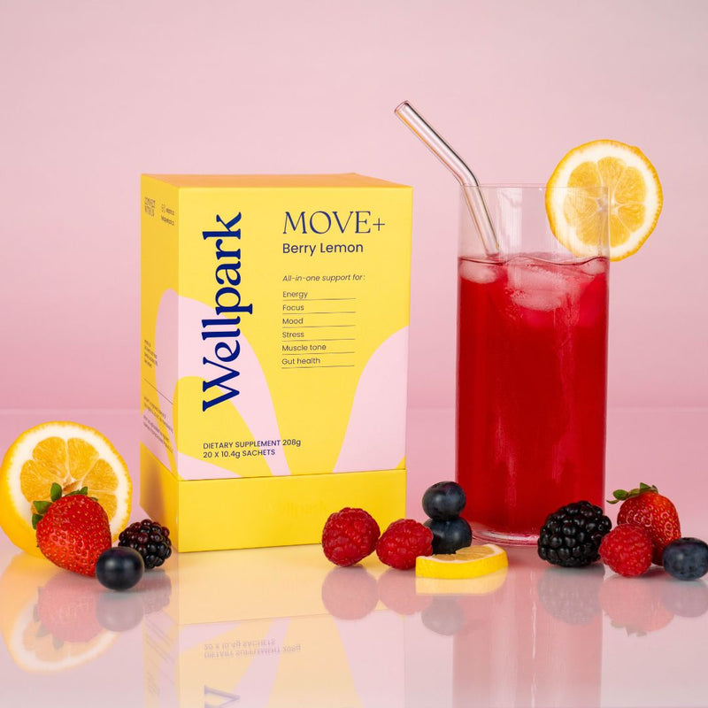 Wellpark MOVE+ Berry Lemon box styled with glass and berries