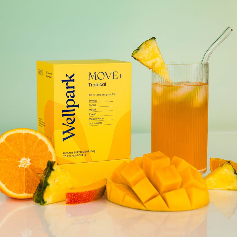 Wellpark MOVE+ Tropical box styled with glass and tropical fruit