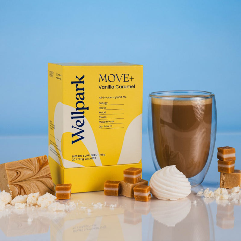Wellpark MOVE+ Vanilla Caramel styled with coffee and fudge