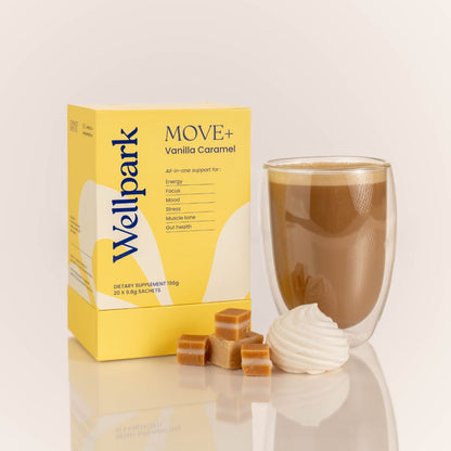 Wellpark MOVE+ Vanilla Caramel box and coffee cup